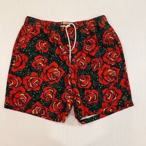 Empyre Rose Print Swim Trunks Mens Large Red Floral Zipper Pocket | Skate/Surf